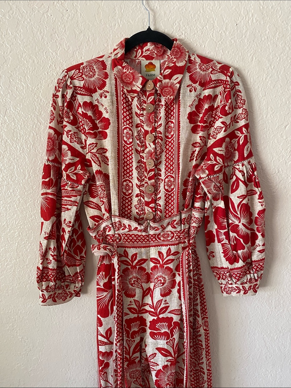 FARM Rio Pineapple Garden Jumpsuit Size XS Red Cream Floral Tie-Waist Boho Chic - Picture 5 of 14